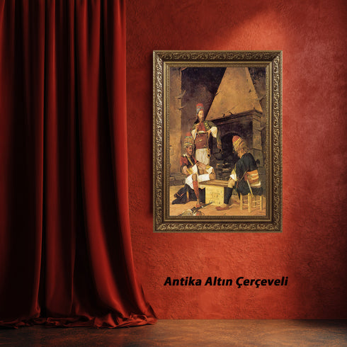 Tavla Oynayan Zeybekler, Osmanlı Dönemi Kıyafetleriyle Geleneksel Kahvehane Sahnesini Yansıtan Nostaljik Sanat Tablosu