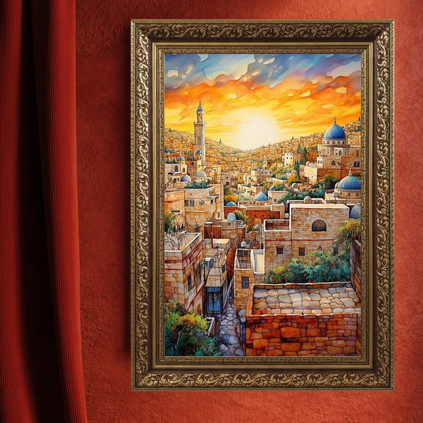 Gün Batımında Oryantal Şehir Manzarası Suluboya Sanat Baskısı, Kubbe ve Taş Evlerle Tarihi Orta Doğu Sokakları Duvar Dekoru