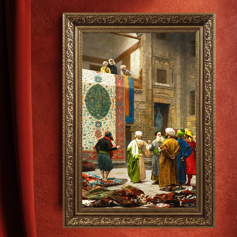 Oryantal Halı Pazarı Sahnesi Sanat Tablosu Poster, Geleneksel Doğu Mimarisi ve Renkli Figürlerle Klasik Tarihi Duvar Sanatı