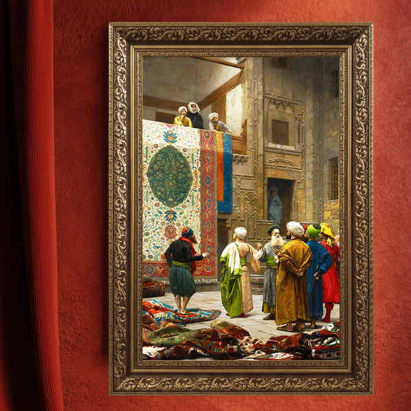Oryantal Halı Pazarı Sahnesi Sanat Tablosu Poster, Geleneksel Doğu Mimarisi ve Renkli Figürlerle Klasik Tarihi Duvar Sanatı