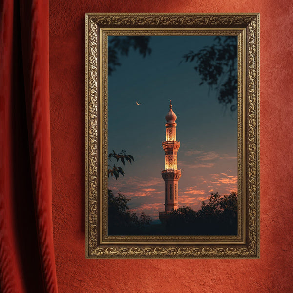 Hilal ve Gün Batımı Fonlu Cami Minaresi Kanvas Tablo – Altın Işıltılı İslami Duvar Dekoru, Dini ve Manevi Salon Tablosu