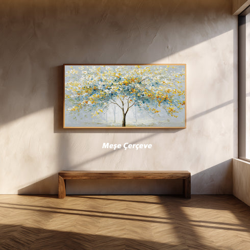 Modern Soyut Ağaç Tablosu Mavi Sarı Yapraklı Kanvas Duvar Dekoru, Salon Yatak Odası Büyük Boy Sanatsal Tablo
