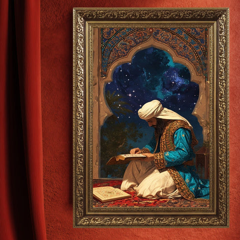 Kur’an-ı Kerim Okuyan Alim Kanvas Tablo – Gece Yıldızlı Gökyüzü Temalı İslami Duvar Dekoru, Dini ve Manevi Sanat Eseri