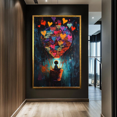 Renkli Banksy Stili Uçan Kalpler Tablo