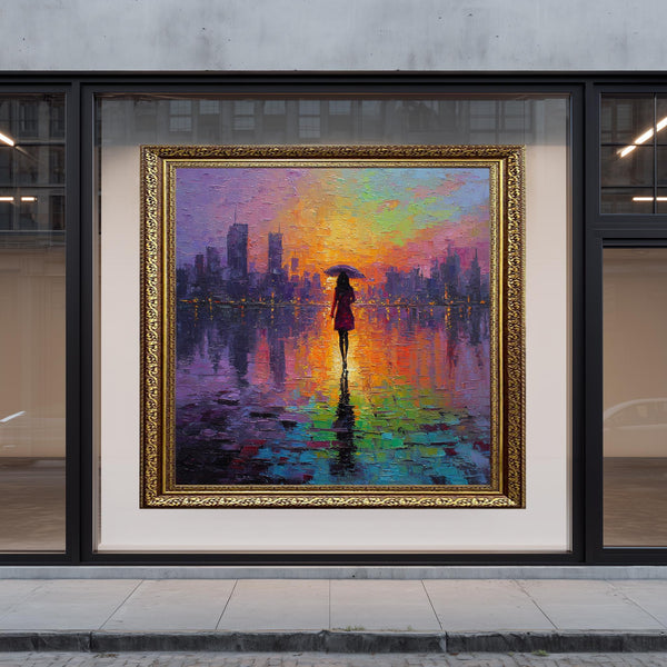 Sunset City Rain Oil Painting Woman with Umbrella Colorful Abstract Wall Art Rainbow Reflection Urban Canvas for Modern Home Decor