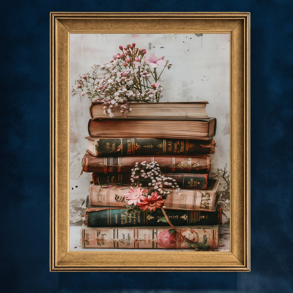 Vintage Kitap Yığını ve Zarif Çiçekler, Nostaljik ve Romantik Atmosferli Estetik Natürmort Sanat Tablosu