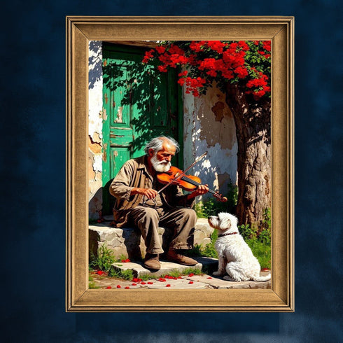 Kemancı Yaşlı Adam ve Sadık Köpek Suluboya Sanat Baskısı, Nostaljik Köy Sahnesi ve Doğal Işıklarla Duygusal Duvar Dekoru