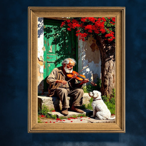 Kemancı Yaşlı Adam ve Sadık Köpek Suluboya Sanat Baskısı, Nostaljik Köy Sahnesi ve Doğal Işıklarla Duygusal Duvar Dekoru