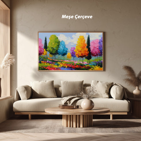 Renkli Ağaçlar Manzara Tablosu Soyut Modern Empresyonist Kanvas Duvar Dekoru Salon Yatak Odası Ofis İçin Büyük Boy Canlı Tasarım