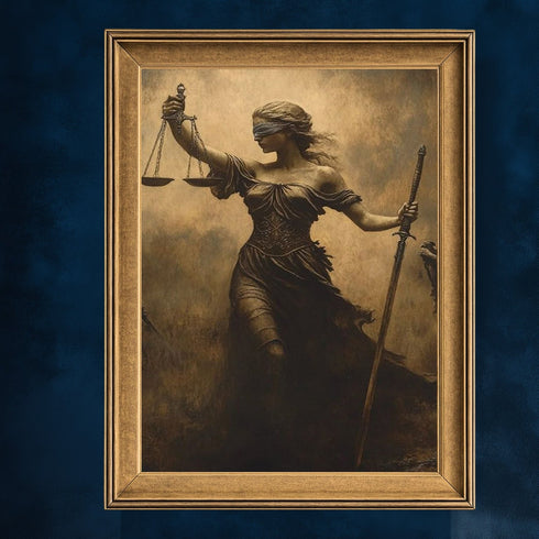 Adalet Tanrıçası Themis Sanat Baskısı, Kör Adalet ve Terazi Sembolüyle Güçlü Mitolojik Figür, Klasik ve Dramatik Duvar Dekoru
