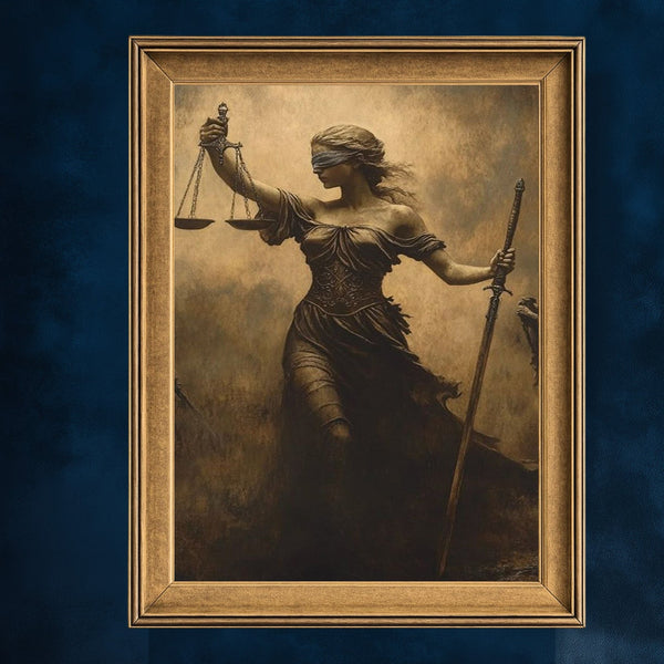 Adalet Tanrıçası Themis Sanat Baskısı, Kör Adalet ve Terazi Sembolüyle Güçlü Mitolojik Figür, Klasik ve Dramatik Duvar Dekoru