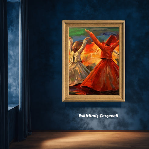 Semazenlerin Sema Dönüşü, Canlı Renklerle Tasvir Edilmiş Tasavvufi Ritüel ve Manevi Derinlik Taşıyan Modern Sanat Tablosu