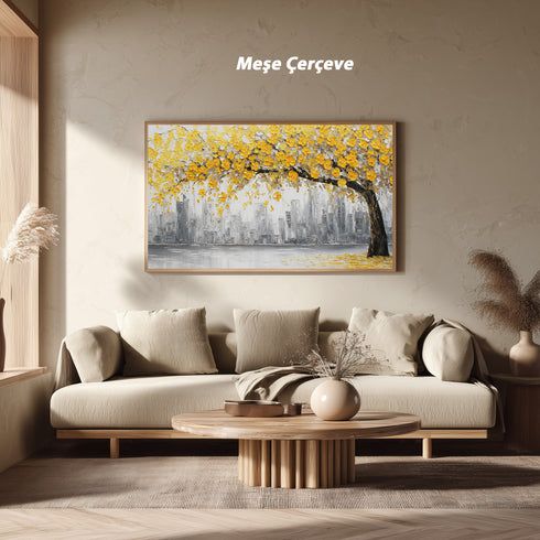 Sarı Çiçekli Ağaç ve Gri Şehir Silüeti Tablosu Modern Soyut Kanvas Duvar Dekoru Salon Ofis İçin Büyük Boy Şık Tasarım