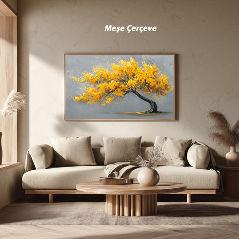 Sarı Yapraklı Rüzgarlı Ağaç Tablosu Modern Minimalist Kanvas Duvar Dekoru Salon Ofis Yatak Odası İçin Büyük Boy Soyut Tasarım