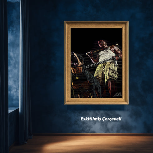 GTA 5 Franklin ve Chop Köpek Scribble Art Kanvas Tablo | Grand Theft Auto V Oyuncu Duvar Sanatı | Rottweiler ve Beyzbol Sopası Kanvas Tablo