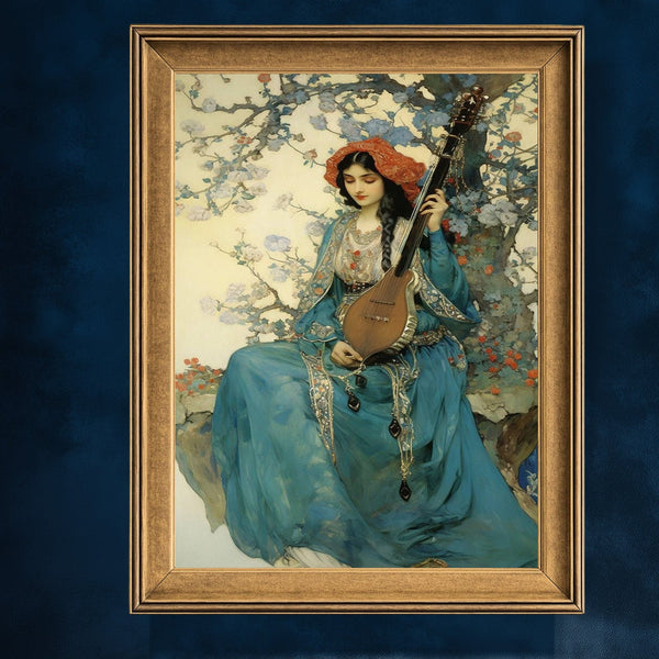 Ud Çalan Oryantal Kadın Sanat Baskısı, Çiçekli Doğa Fonunda Geleneksel Müzik ve Zarafet, Klasik Doğu Esintili Duvar Dekoru