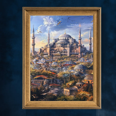 Ayasofya ve Tarihi İstanbul Silüeti Sanat Baskısı, Kubbe ve Minarelerle Osmanlı Mimarisi, Masalsı Şehir Manzarası Duvar Dekoru