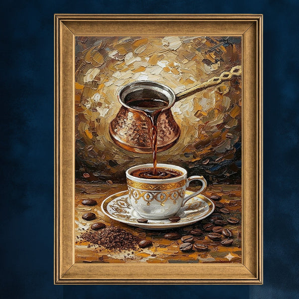 Türk Kahvesi Ritüeli Yağlı Boya Sanat Baskısı, Cezveden Fincana Akan Kahve ile Geleneksel ve Sıcak Duvar Dekoru