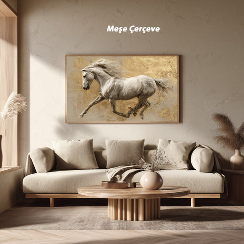 Koşan Beyaz At Tablosu Altın Varak Dokulu Arka Planlı Lüks Kanvas Duvar Dekoru, Salon Ofis İçin Büyük Boy At Figürlü Tablo