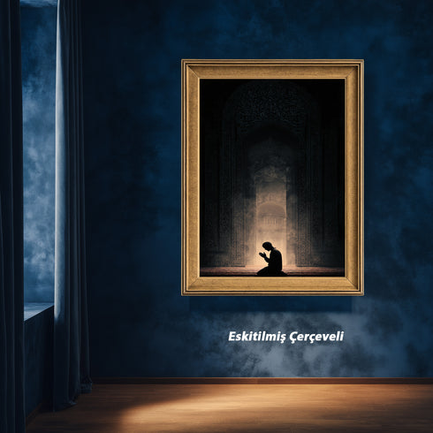 Kubbetüs Sahra Silüeti ve Dua Eden Mümin Kanvas Tablo – Işık ve Gölge Temalı İslami Duvar Dekoru, Dini Salon Tablosu