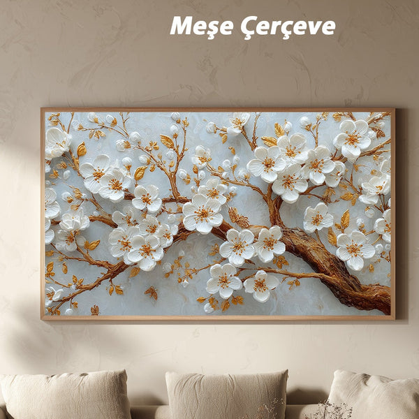 Altın Dallı Beyaz Çiçekli Ağaç Dalı Tablosu Kabartmalı Lüks Modern Kanvas Duvar Dekoru Salon Yatak Odası İçin Şık Tasarım