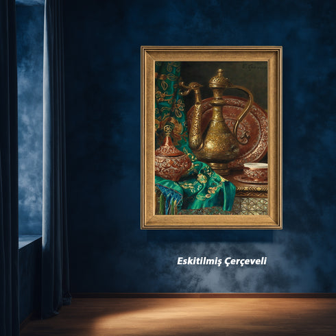 Oryantal Natürmort Sanat Tablosu Poster, Osmanlı İbriği Kahve Fincanı ve İşlemeli Kumaşlı Klasik Doğu Temalı Duvar Sanatı