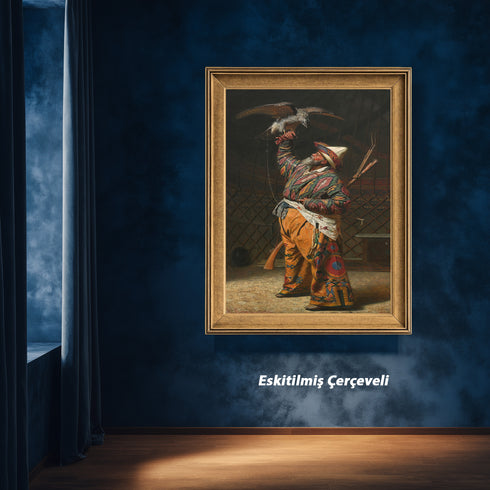 Oryantal Avcı Figürü Sanat Tablosu Poster, Şahinli Osmanlı Av Sahnesi ile Geleneksel Doğu Temalı Klasik Duvar Sanatı Baskısı