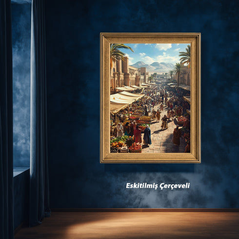 Antik Doğu Pazarı Manzarası Sanat Tablosu Poster, Palmiye Ağaçları ve Tarihi Mimari Arasında Canlı Oryantal Çarşı Sahnesi Duvar Sanatı
