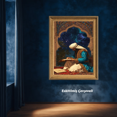Kur’an-ı Kerim Okuyan Alim Kanvas Tablo – Gece Yıldızlı Gökyüzü Temalı İslami Duvar Dekoru, Dini ve Manevi Sanat Eseri