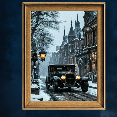 Karlı Sokakta Klasik Araba Sanat Baskısı, Gotik Mimarili Tarihi Şehirde Kış Atmosferi ve Vintage Duvar Dekoru