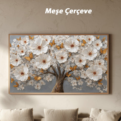 Altın Kelebekli Beyaz Çiçekli Ağaç Tablosu Kabartmalı Lüks Modern Kanvas Duvar Dekoru Salon ve Oturma Odası İçin Şık Tasarım