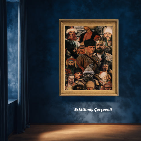 Türk ve Orta Asya Tarihi Liderler Kolaj Sanat Tablosu Poster, Alp Er Tunga’dan Osmanlı’ya Uzanan Epik Figürlü Duvar Sanatı