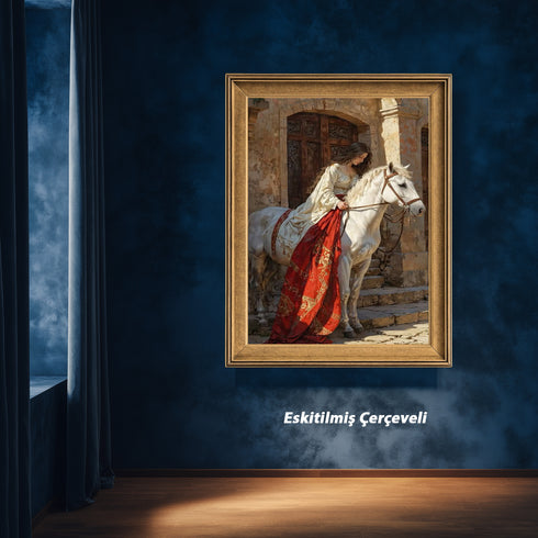 Tarihi Taş Mekânda Beyaz At Üzerinde Zarif Kadın, Orta Çağ Esintili Romantik Sahne, Klasik ve Epik Sanat Tarzında Duvar Dekoru