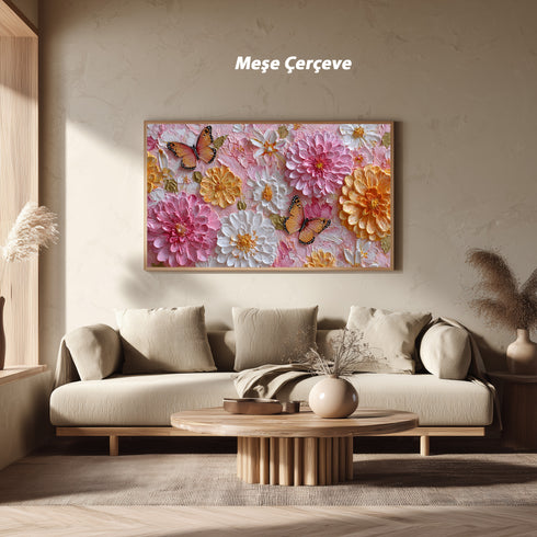 Pembe Zeminli Renkli Çiçekler ve Turuncu Kelebekler Tablosu Romantik Modern Kanvas Duvar Dekoru Salon Yatak Odası İçin Şık Tasarım