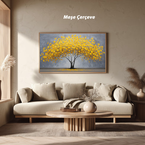 Sarı Yapraklı Minimalist Hayat Ağacı Tablosu Modern Soyut Kanvas Duvar Dekoru Salon Ofis Yatak Odası İçin Büyük Boy Şık Tasarım