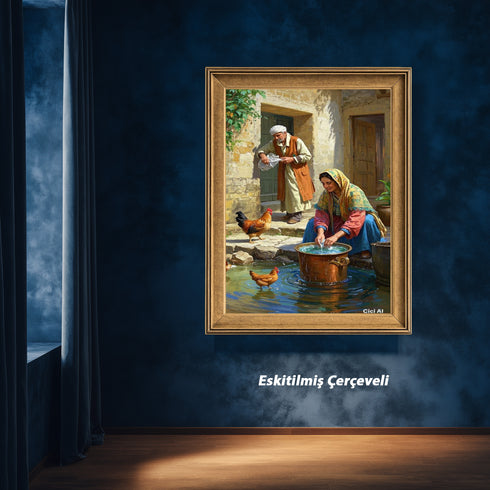 Geleneksel Köy Yaşamı Suluboya Sanat Baskısı, Anadolu Günlük Hayat Sahnesi, Tavuklar ve Taş Evlerle Nostaljik Duvar Dekoru