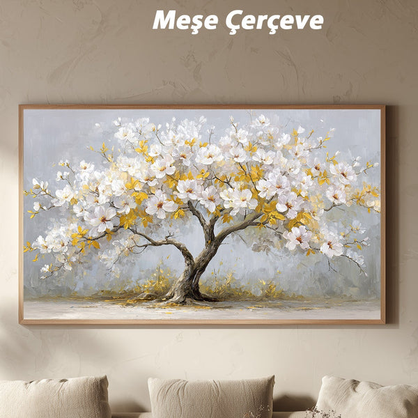 Beyaz Çiçekli ve Altın Yapraklı Ağaç Tablosu Modern Kanvas Duvar Dekoru, Salon Yatak Odası İçin Büyük Boy Şık Tablo