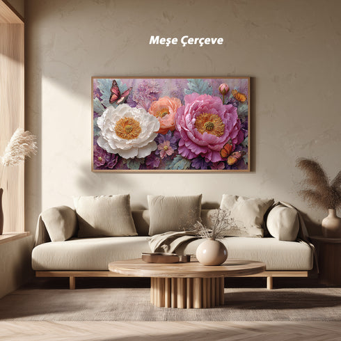 Pembe ve Beyaz Şakayık Çiçekli Kelebekli Tablo Romantik Vintage Kanvas Duvar Dekoru Salon Yatak Odası İçin Zarif Tasarım