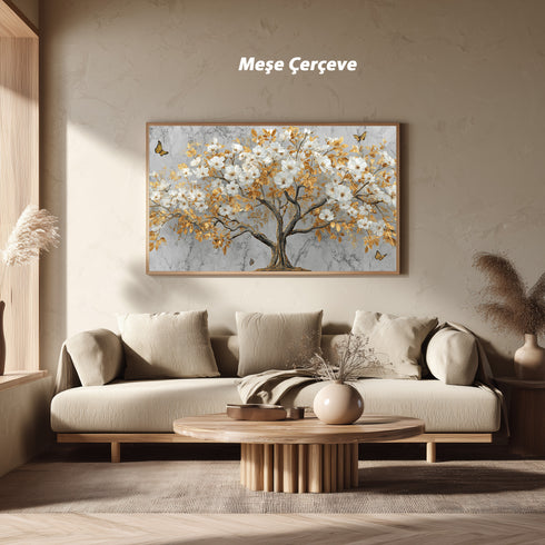 Mermer Zeminli Altın Yapraklı Beyaz Çiçekli Ağaç Tablosu Kelebekli Lüks Modern Kanvas Duvar Dekoru Salon İçin