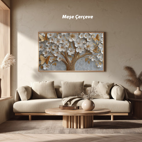 Altın Kelebekli Beyaz Çiçekli Ağaç Tablosu Kabartmalı Lüks Modern Kanvas Duvar Dekoru, Salon Yatak Odası İçin Şık Tablo