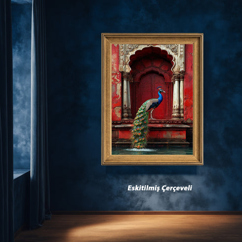 Kırmızı Oryantal Kapı ve Tavus Kuşu Sanat Baskısı, Doğu Mimarisi ve Zarif Detaylarla Egzotik Duvar Dekoru Tablo