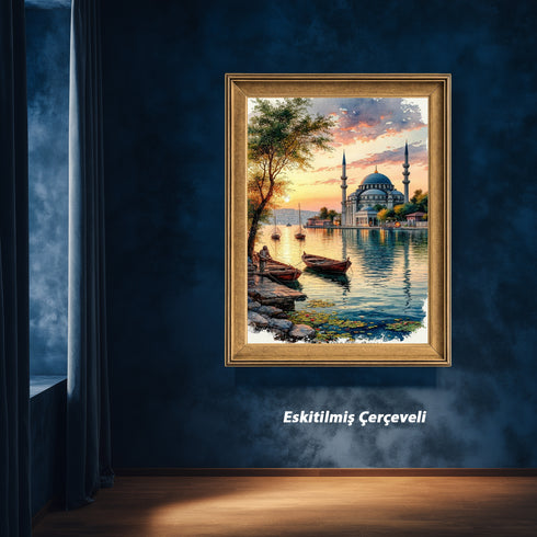 Gün Batımında Boğaz ve Tarihi Cami Manzarası Sanat Baskısı, İstanbul Temalı Suluboya Tablo ve Huzur Veren Klasik Duvar Dekoru