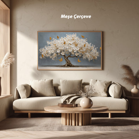 Beyaz Çiçekli Ağaç ve Altın Kelebekler Kanvas Tablo, Modern Çiçekli Duvar Dekoru, Salon ve Ofis için Şık Dekoratif Baskı Ev Hediyesi