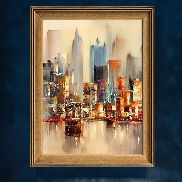 Soyut Şehir Manzarası Sanat Tablosu Poster, Modern Renkli Gökdelenler ve Köprü Detaylı Dekoratif Duvar Sanatı Baskısı