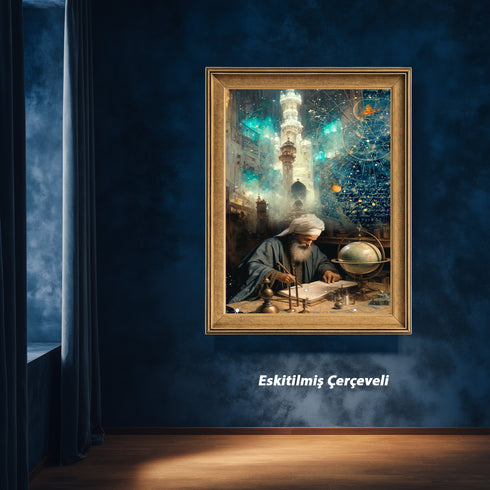 İslam Alimi ve Astronomi Çalışması Kanvas Tablo – Bilim ve İlim Temalı İslami Duvar Dekoru, Dini ve Manevi Sanat Eseri