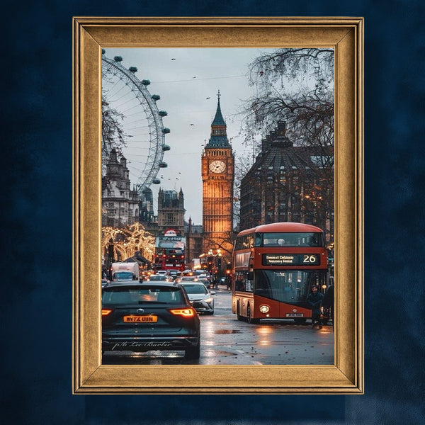 Londra Big Ben ve Kırmızı Otobüs Şehir Manzarası Sanat Baskısı, Yağmurlu Akşam Sokakları ve İkonik Şehir Duvar Dekoru Modern Ofis İçin