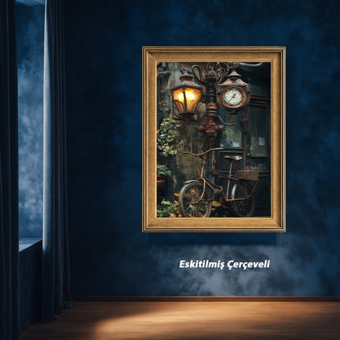 Vintage Sokak Lambası ve Bisiklet Sanat Tablosu Poster, Nostaljik Şehir Detayı ile Rustik Endüstriyel Duvar Dekoru Baskısı Sanatı