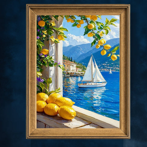 Limon Ağaçları ve Mavi Deniz Manzarası Sanat Baskısı, Akdeniz Sahilinde Yelkenli Tekne ile Yaz Esintili Duvar Dekoru