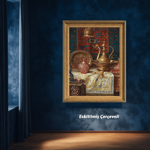 Oryantal Natürmort Sanat Tablosu Poster, Osmanlı İbriği ve Metal Objelerle Klasik Doğu Duvar Sanatı