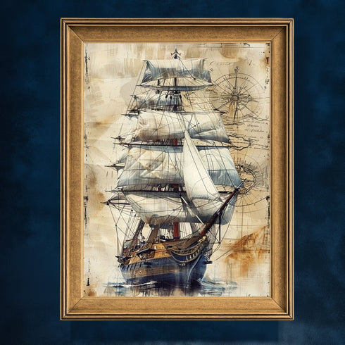 Antik Yelkenli Gemi ve Deniz Haritası Sanat Baskısı, Keşif ve Denizcilik Temalı Vintage İllüstrasyon Duvar Dekoru
